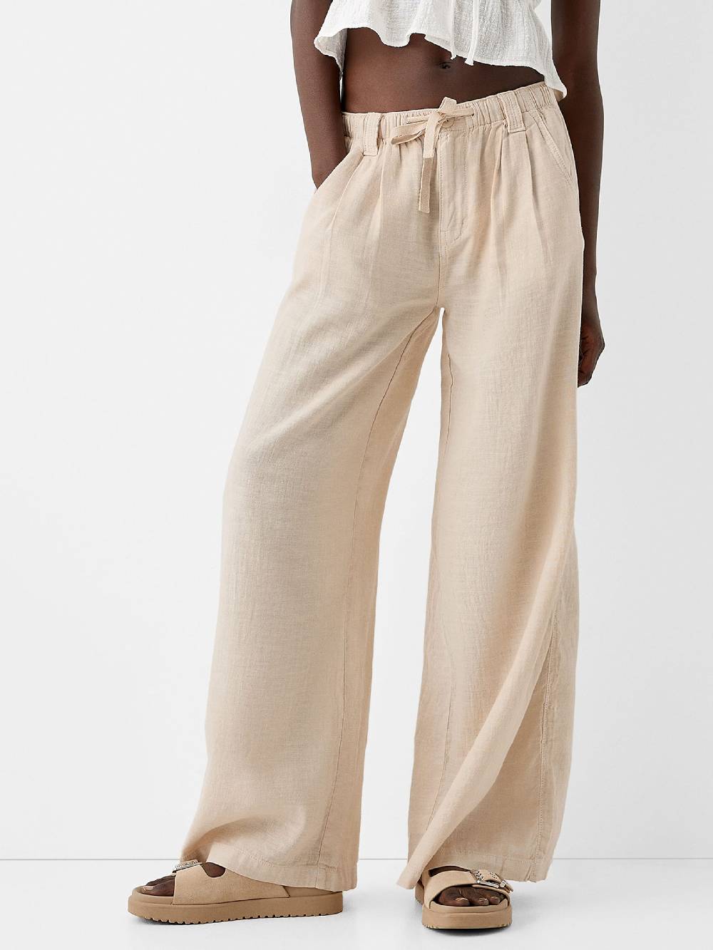Bershka Wide leg Pants in Cream Hotsell