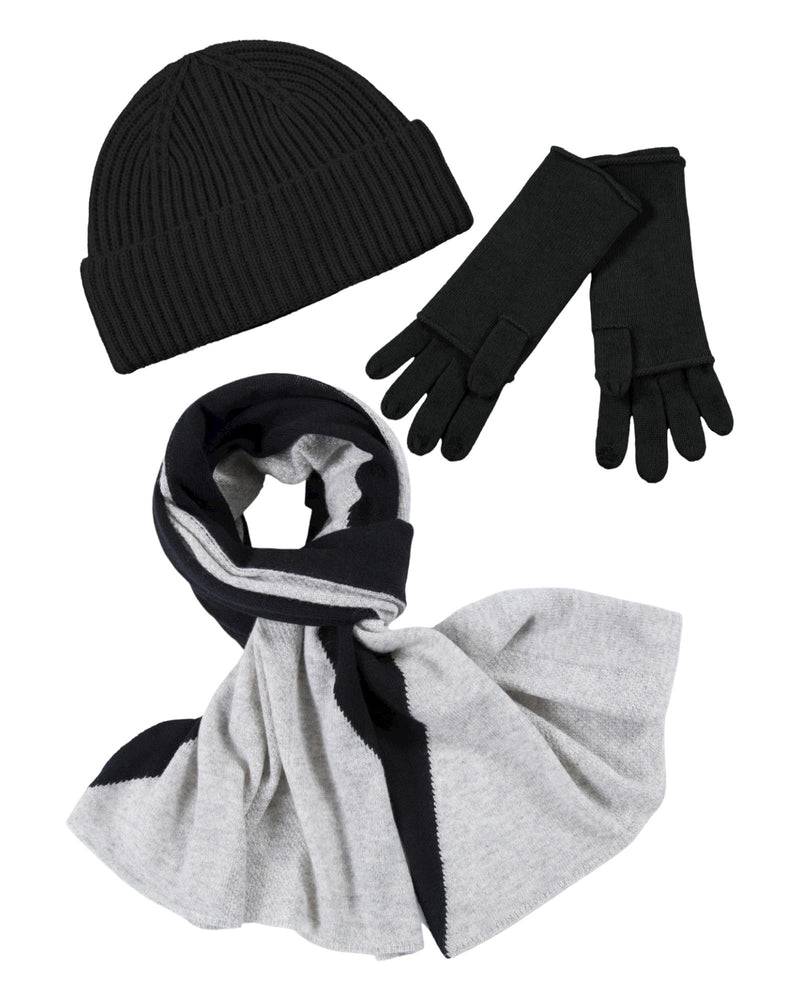Loevenich Kaschmir-Mütze, Handschuh + Schal mit geometrischem Muster - Schwarz Super Sparpreis