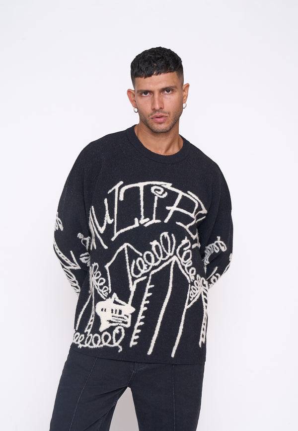 Multiply Spparel Oversize Knit Sweater DOWNTOWN Black Kauf eins, bekomm eins gratis