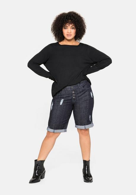 sheego Longpullover mit U-Boot-Ausschnitt und Leinenanteil - schwarz sheego Fabrikladen
