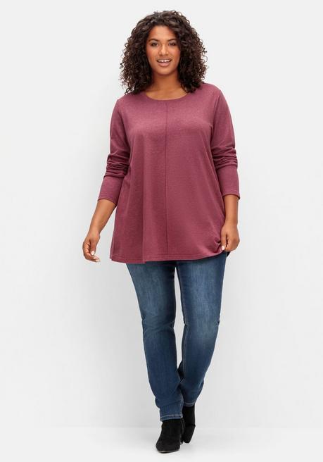 sheego Fein meliertes Langarmshirt in A-Linie, mit Rundhals - brombeer meliert sheego Fabrikverkauf