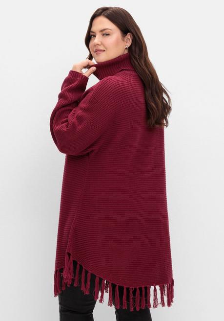 sheego Gerippter Poncho-Pullover mit Fransensaum - beere sheego Begrenztes Angebot