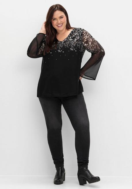 sheego Gefütterte Chiffontunika mit Alloverprint - schwarz-weiß gemustert sheego Black Friday