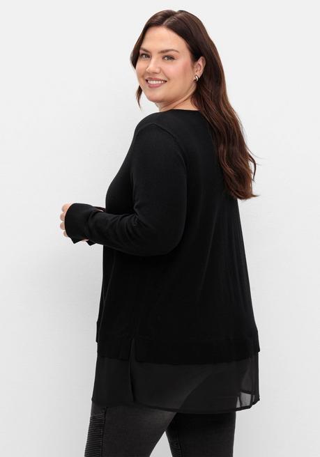 sheego Pullover in A-Linie, mit Chiffonbesatz am Saum - schwarz sheego Blitzangebot