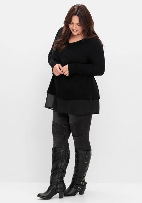 sheego Pullover in A-Linie, mit Chiffonbesatz am Saum - schwarz sheego Blitzangebot