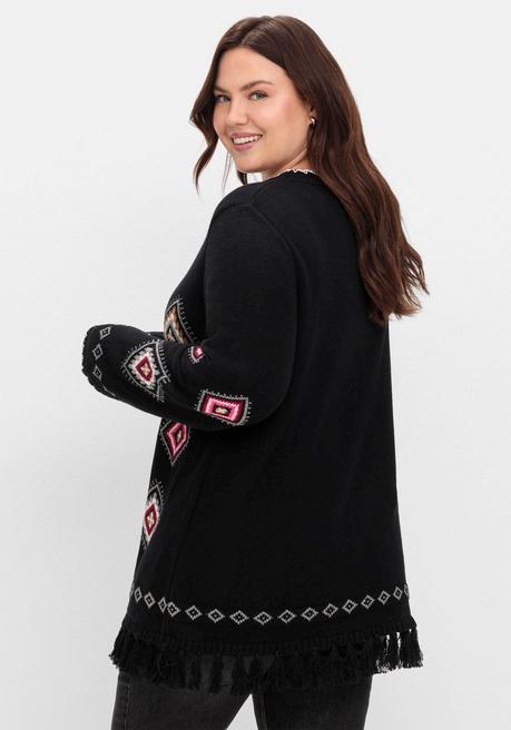 sheego Pullover mit Ethnomuster und Fransen - schwarz gemustert sheego Große Rabatte