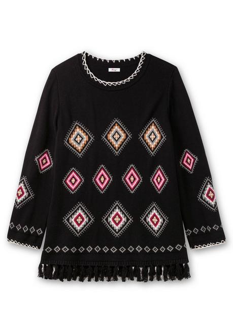 sheego Pullover mit Ethnomuster und Fransen - schwarz gemustert sheego Große Rabatte