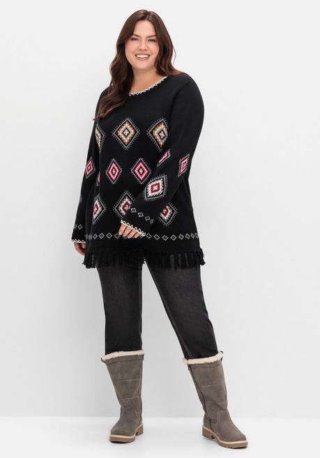 sheego Pullover mit Ethnomuster und Fransen - schwarz gemustert sheego Große Rabatte