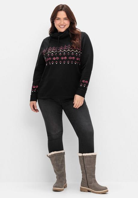 sheego Sweatshirt mit Norwegerprint und weitem Stehkragen - schwarz bedruckt sheego VIP-Rabatte