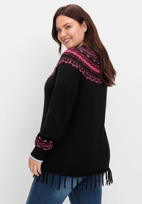 sheego Norwegerpullover mit Fransen am Saum - schwarz gemustert sheego Schlussverkauf