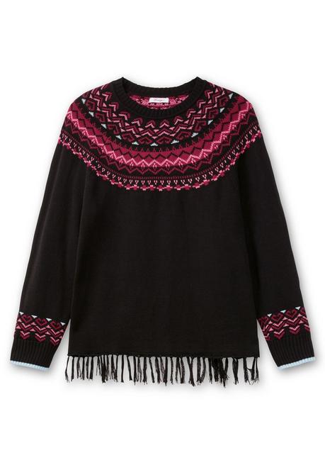 sheego Norwegerpullover mit Fransen am Saum - schwarz gemustert sheego Schlussverkauf