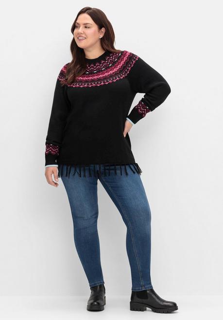 sheego Norwegerpullover mit Fransen am Saum - schwarz gemustert sheego Schlussverkauf