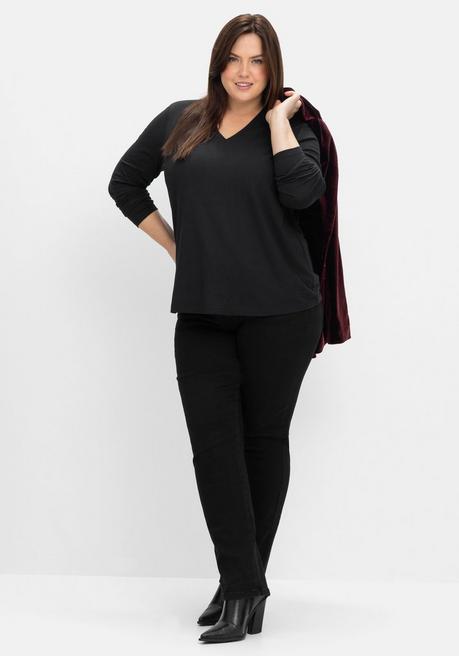 sheego Langarmshirt mit V-Ausschnitt, vorn doppellagig - schwarz sheego Blitzverkäufe