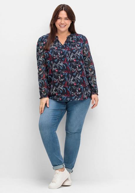 sheego Chiffontunika mit Blumendruck und Bindeband - tiefblau gemustert sheego Flash Sale