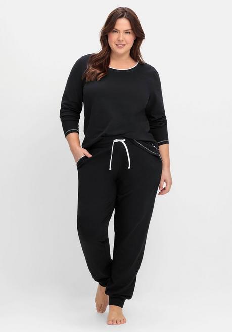 sheego Lange Schlafhose mit schmalem Bein und Kontrastdetails - schwarz sheego