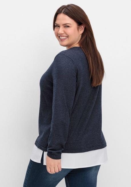sheego Pullover im Lagenlook, mit Blusenbesatz - tiefblau meliert sheego Exklusive Angebote