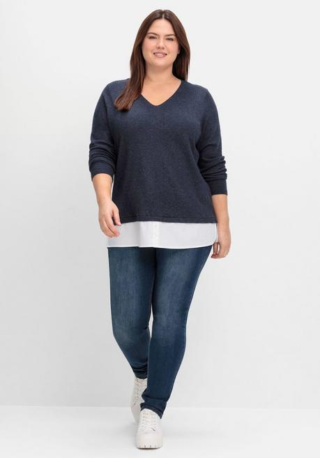 sheego Pullover im Lagenlook, mit Blusenbesatz - tiefblau meliert sheego Exklusive Angebote