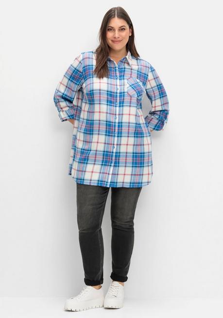 sheego Karierte Longbluse mit Krempelfunktion - offwhite kariert sheego Tiefpreis