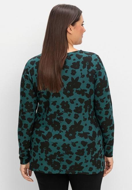 sheego Langarmshirt mit Blumendruck und V-Ausschnitt - tiefgrün gemustert sheego Begrenzte Freigabe