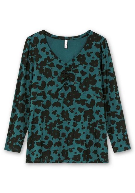 sheego Langarmshirt mit Blumendruck und V-Ausschnitt - tiefgrün gemustert sheego Begrenzte Freigabe