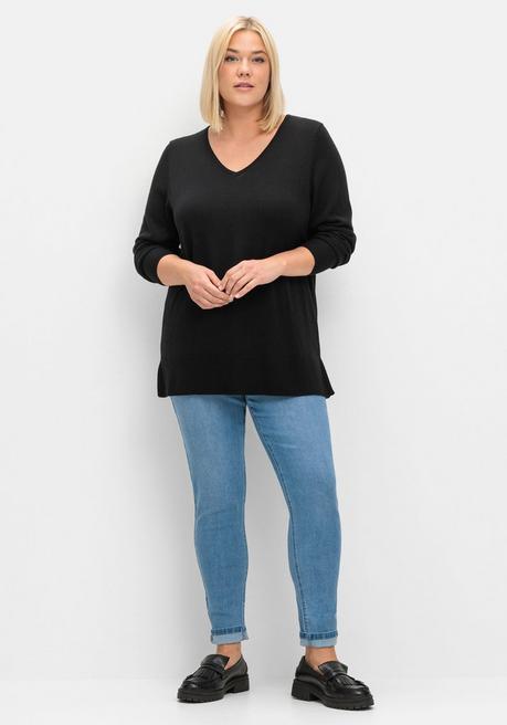 sheego Pullover aus leichtem Strick, mit V-Ausschnitt - schwarz sheego Fabrikverkauf