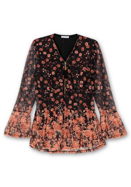sheego by Joe Browns Longtunika aus Mesh, mit Trompetenärmeln - schwarz gemustert sheego Sonderangebot
