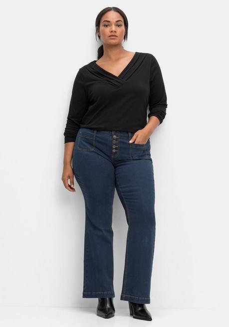sheego by Joe Browns Langarmshirt mit Zierfalten am V-Ausschnitt, A-Linie - schwarz sheego Flash Sale
