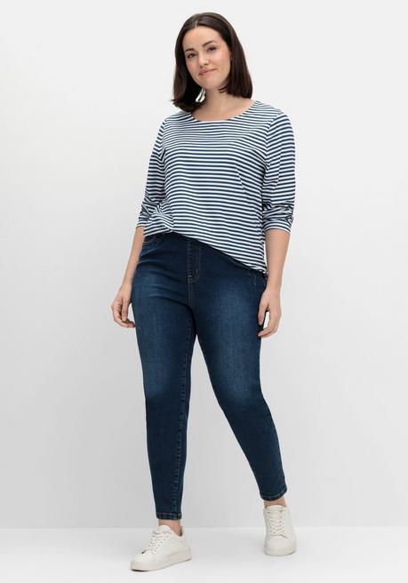 sheego Gestreiftes Langarmshirt mit Rundhalsausschnitt - marine gestreift sheego Exklusivangebot