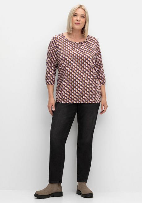 sheego 3/4-Arm-Shirt mit Grafikprint und Gummizugbund - aubergine gemustert sheego Weihnachtsangebot