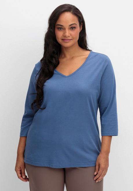 sheego Shirt mit 3/4-Ärmeln und V-Ausschnitt - jeansblau sheego Zeitlich begrenztes Angebot