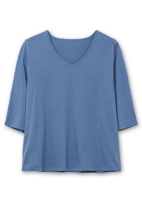 sheego Shirt mit 3/4-Ärmeln und V-Ausschnitt - jeansblau sheego Zeitlich begrenztes Angebot
