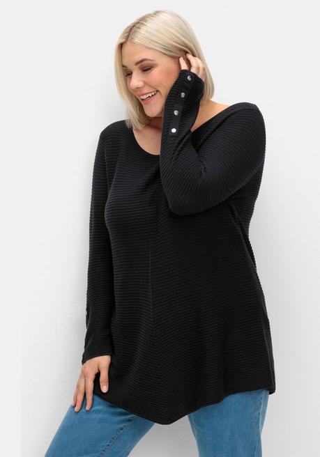 sheego Gerippter Pullover mit spitz zulaufendem Saum - schwarz sheego Begrenzte Freigabe