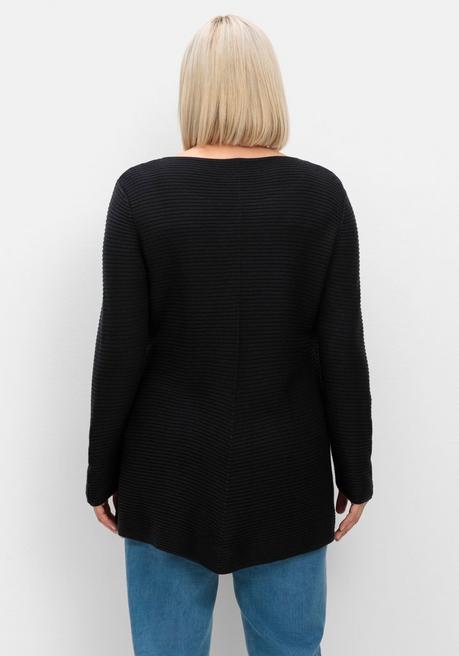 sheego Gerippter Pullover mit spitz zulaufendem Saum - schwarz sheego Begrenzte Freigabe