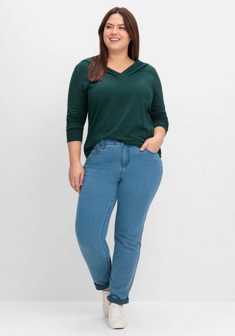 sheego by Joe Browns Langarmshirt mit Zierfalten am V-Ausschnitt, A-Linie - tiefgrün sheego 50% Rabatt für begrenzte Zeit