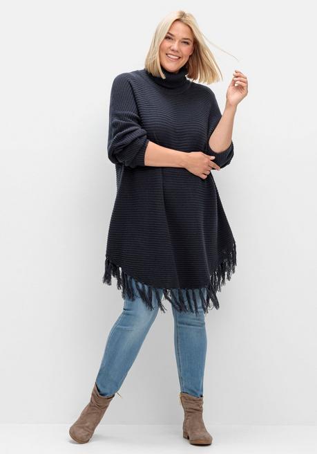 sheego Gerippter Poncho-Pullover mit Fransensaum - nachtblau sheego Meist gekauft