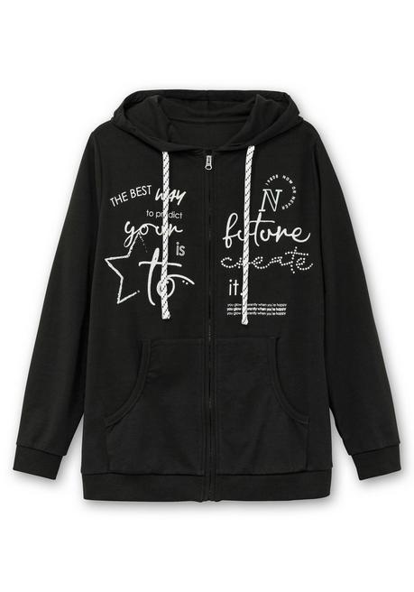 sheego Kapuzensweatjacke mit Print und Kängurutasche - schwarz sheego Riesige Rabatte