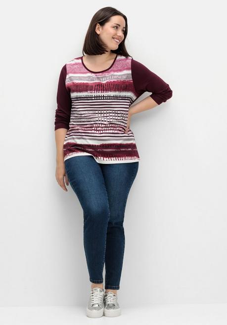 sheego Langarmshirt mit bedrucktem Vorderteil - aubergine gestreift sheego Clearance-Verkauf