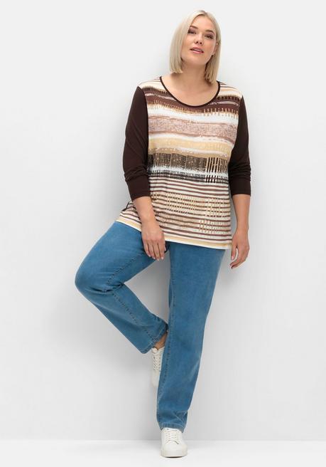 sheego Langarmshirt mit bedrucktem Vorderteil - hellbraun gestreift sheego Kostenloser Versand international