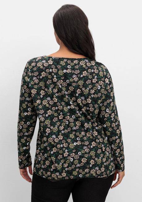sheego Langarmshirt mit Blümchenprint und Gummizugsaum - tiefgrün gemustert sheego Großer Ausverkauf