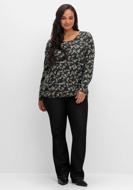 sheego Langarmshirt mit Blümchenprint und Gummizugsaum - tiefgrün gemustert sheego Großer Ausverkauf