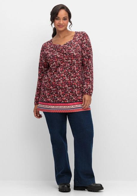 sheego Langarmshirt mit Alloverprint und Herz-Ausschnitt - weinrot gemustert sheego Begrenztes Angebot