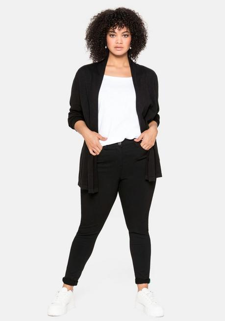 sheego Strickjacke mit schmalem Schalkragen, offene Form - schwarz sheego Sonderangebote