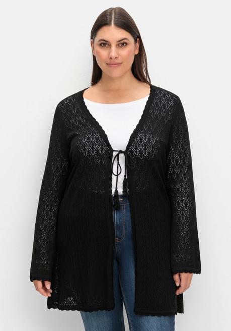 sheego Lange Ajour-Strickjacke mit Bindeband - schwarz sheego Letzte 3 Tage