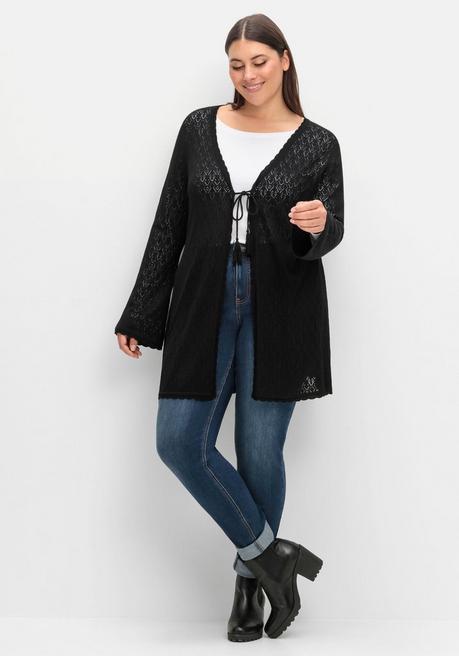 sheego Lange Ajour-Strickjacke mit Bindeband - schwarz sheego Letzte 3 Tage