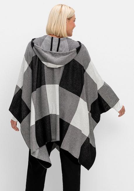 sheego Kariertes Poncho-Cape mit Kapuze, offene Form - schwarz-weiß sheego Kostenloser Versand