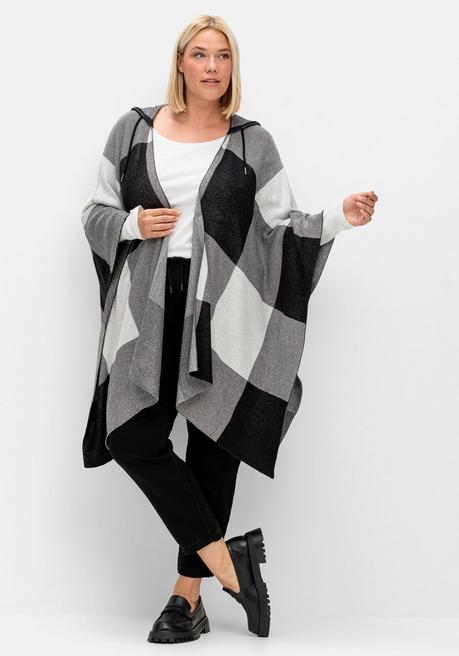 sheego Kariertes Poncho-Cape mit Kapuze, offene Form - schwarz-weiß sheego Kostenloser Versand