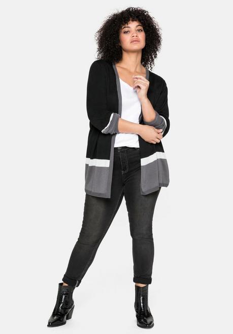 sheego Strickjacke im Colourblocking-Stil, in offener Form - schwarz sheego Günstig kaufen