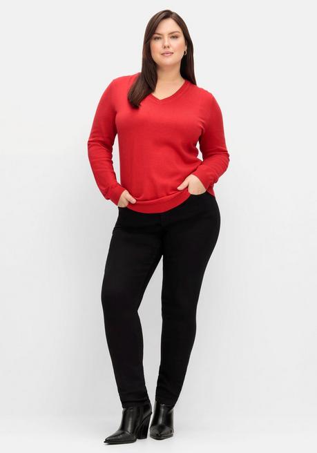 sheego Pullover aus Feinstrick mit V-Ausschnitt - mohnrot sheego Saisonschlussverkauf