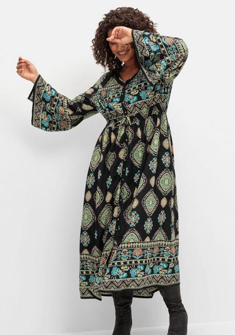 sheego by Joe Browns Maxikleid im Boho-Stil, mit Trompetenärmeln - schwarz gemustert sheego Weihnachtsangebot