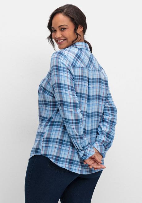sheego Karierte Flanellbluse mit Brusttaschen - mittelblau-blau kariert sheego Top Angebot